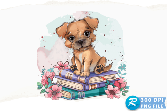 Cute Cartoon Dog Sitting on Books with Flowers Design Review
