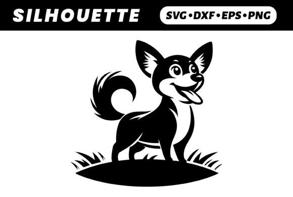 Happy Pup in Grass, Black Silhouette SVG